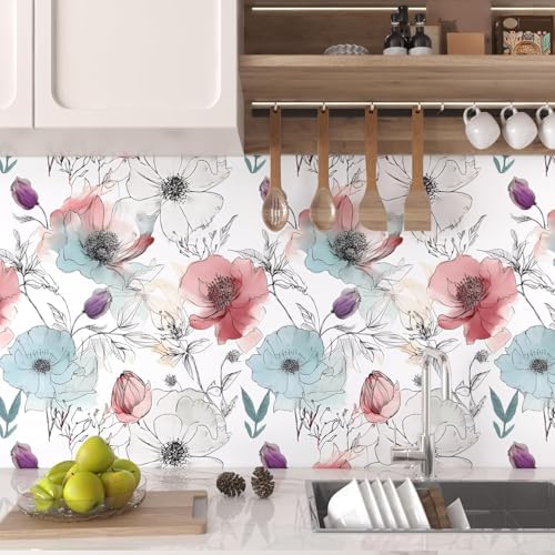Laatse Blue Pink Watercolor Floral Peel and Stick Wallpaper 17.5"x393" - Image 5
