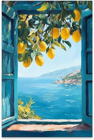PDFI Mediterranean Window View Wall Art Coastal Lemon Tree Canvas Prints Blue by PDFI