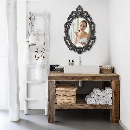 Black Oval Wooden Frame Vintage Wall Mirror Hanging Mirror - Image 5