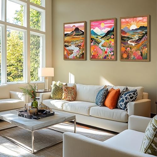 Wood Framed Boho Colorful Landscape Canvas Wall Art Set of 3 - Image 2