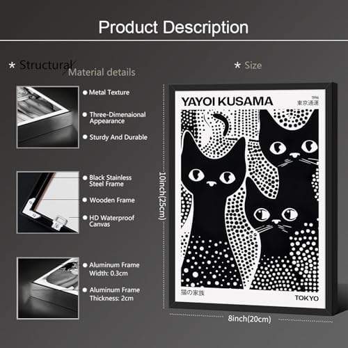 Cute Black Cat Poster Japanese Yayoi Kusama Wall Art 08x10 inch Black Framed - Image 2