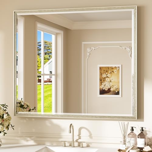 Keonjinn Brushed Nickel Bathroom Vanity Mirror 42 x 36 Inch, Tempered Glass by Keonjinn