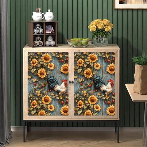 Removable Wallpaper Sunflowers Rooster Peel and Stick Mural Wood Vintage - Image 2