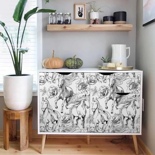 Black and White Peony Floral Horse Modern Peel and Stick Wallpaper Wall Decor - Image 5