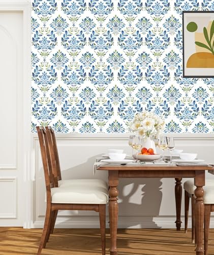 BOKEBEVE Boho Floral Peel and Stick Wallpaper Blue White 17.5 x 118In - Image 2