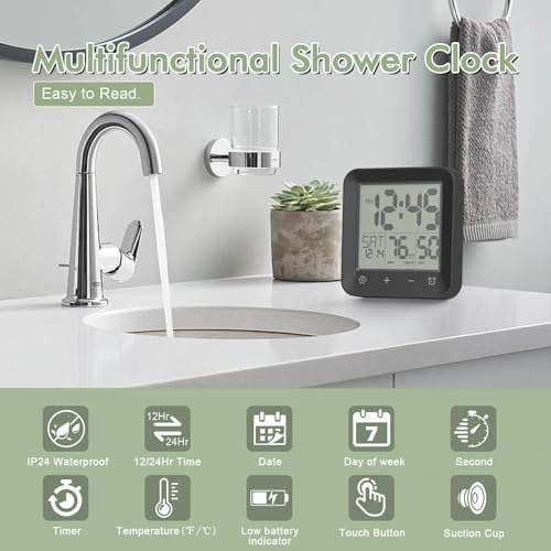 Waterproof Shower Clock, Digital Bathroom Kitchen Wall Clock Timer w/Temp. - Image 3