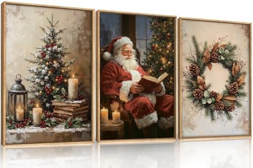 HOURIA Vintage Christmas Tree Santa Claus Framed Canvas Wall Art Set, Rustic by HOURIA
