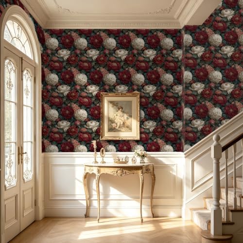 BOKEBEVE Vibrant Red Floral Peel and Stick Wallpaper Vintage 17.5 x 118In - Image 3