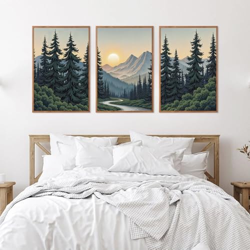 HLNIUC Boho Mountain Sun Forest Framed Canvas Wall Art, Large Nature Sunrise - Image 3