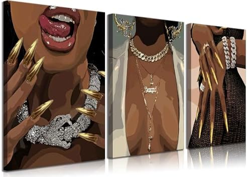 3 Pcs Afro Black Woman Canvas Wall Art African American Men Black Decorate by HHN