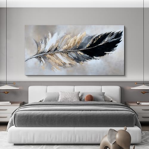 YISXINOAG Black Gold Abstract Wall Art Minimalist Feather Canvas 29"X58" - Image 5