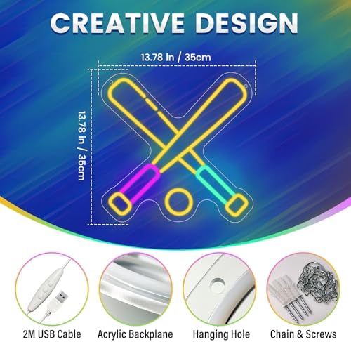 wootfairy LED Lights Wall Decor 13.78 * 13.78in Dimmable Baseball Neon Sign - Image 3