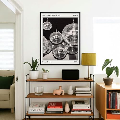 70s Disco Ball Wall Art 16x20in Black Framed Vintage Black and White Newspaper - Image 5
