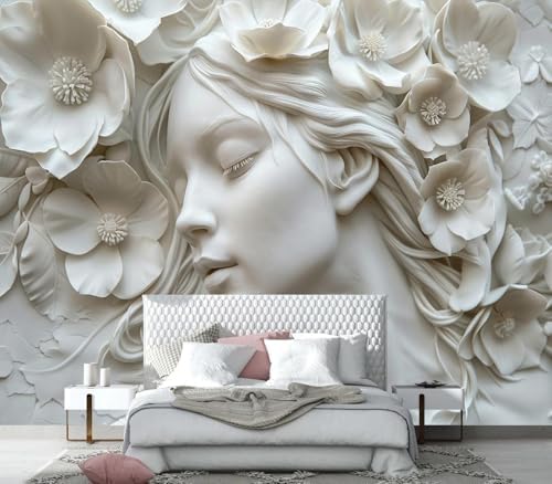 Serene 3D White Woman Floral Portrait Wallpaper - Image 2