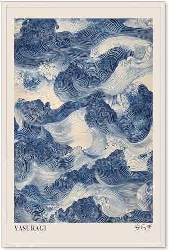 rumlud Japanese Blue Waves Wall Art Vintage Oriental Japandi Wabi Sabi Poster by rumlud