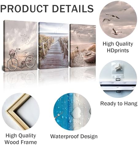 Beach Canvas Wall Art Neutral Coastal Canvas Pictures Vintage Bicycle Wooden - Image 4