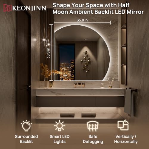 Keonjinn 36" x 36" Half Moon Backlit Mirror Bathroom, HD Tempered Glass - Image 2
