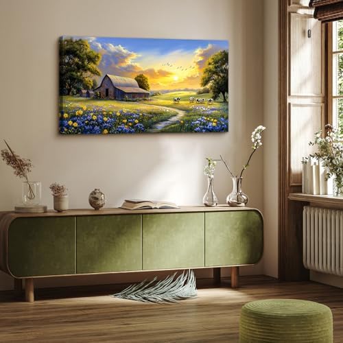 crmotu Rustic Farmhouse Wall Art, Farm Cow Sunset Paintings 20X40 In - Image 3