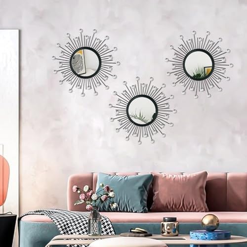3 Pack Metal Mirrors for Wall Sunburst Wall Mirror Black Crystal Wall Art - Image 3