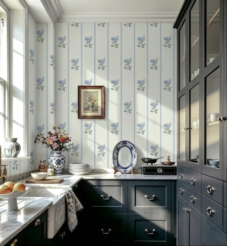 Guvana Peel and Stick Wallpaper Blue Stripe Wall Paper Floral Contact Paper - Image 6