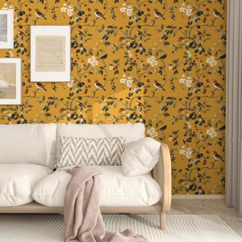 Laatse Vintage Yellow Floral Bird Wallpaper Peel and Stick 17.5"x197" - Image 2