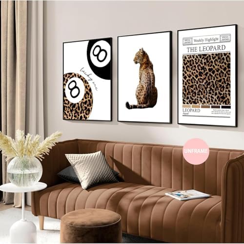 JBZDD Set of 3 Trendy Leopard Wall Art Posters Funky Lucky 8 Ball Prints - Image 2