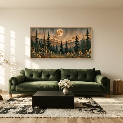 Vintage Moonlight Forest Mountain Framed Canvas Wall Art Set- 20"x40"x1 - Image 2