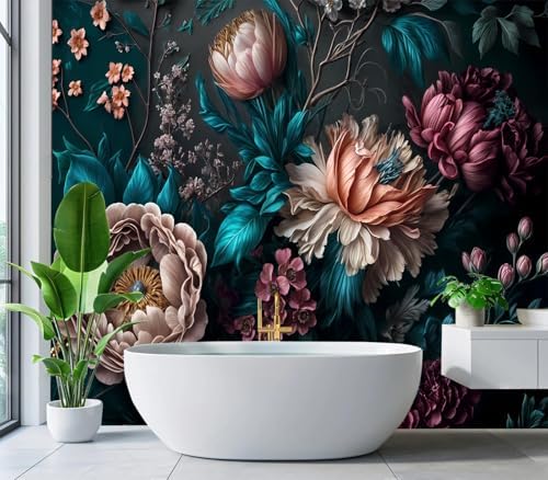 Luxurious 3D Floral Peony Teal Leaves Wallpaper Peel Stick - Image 4