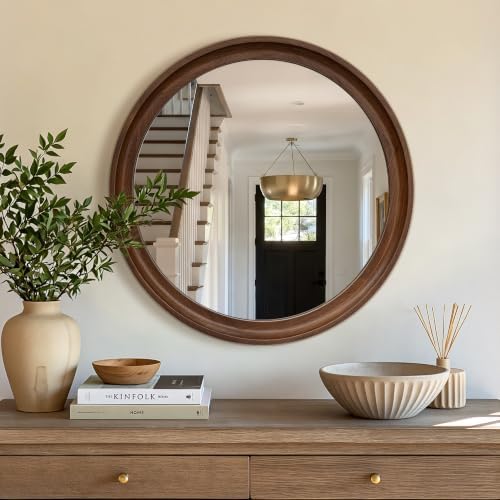 Round Wood Mirror, Walnut Brown - Image 6