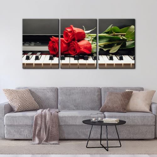 Pacimo Framed Wall Decorations Piano Keys and Red Rose 3 Piece Canvas Art Wall - Image 2