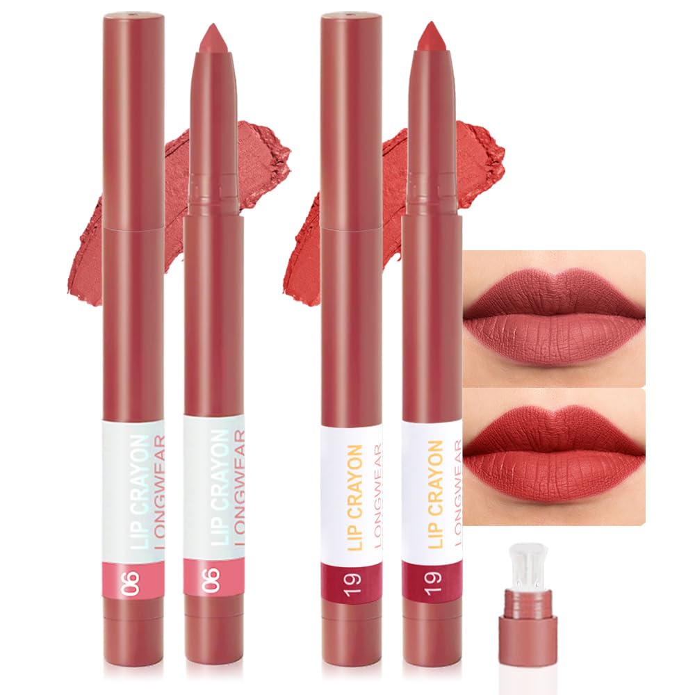 BINGBRUSH Matte Lip Crayon Set – Longwear, Waterproof, Velvet Finish, Built-in Sharpener, Smooth Lip Liner & Gloss (06#+19#, 2 Count (Pack of 1))