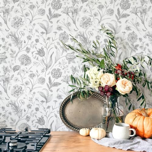 White Grey Vintage Floral Peel and Stick Wallpaper 17in x 197in - Image 3