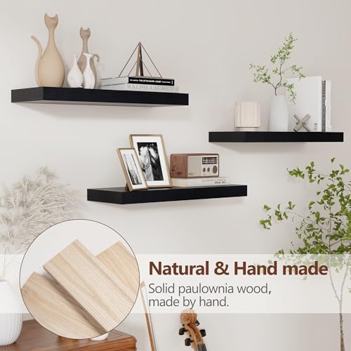 fuqing Black Floating Shelves for Wall, 17 Inch Wood Wall Shelves Set of 3 - Image 4