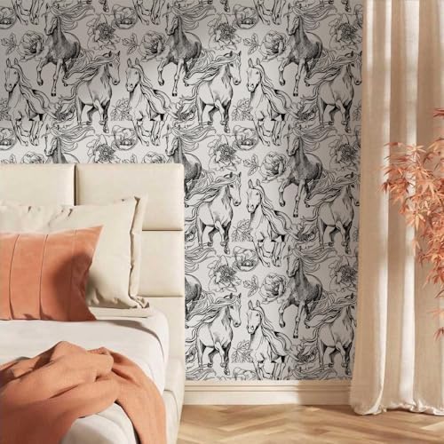 Black and White Peony Floral Horse Modern Peel and Stick Wallpaper Wall Decor - Image 2