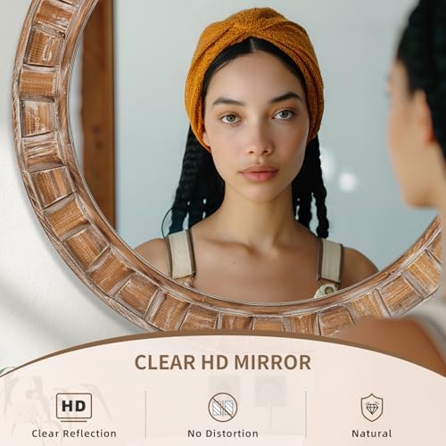 30 Inch Brown Solid Wood Round Wall Mirrors - Image 4
