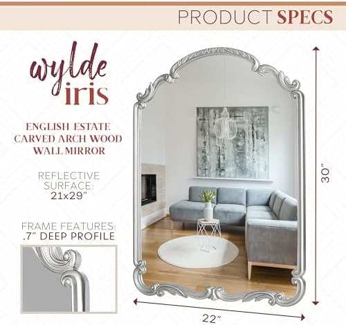 Wylde Iris English Estate Carved Arch Wood Wall Mirror, Mirror - Image 3