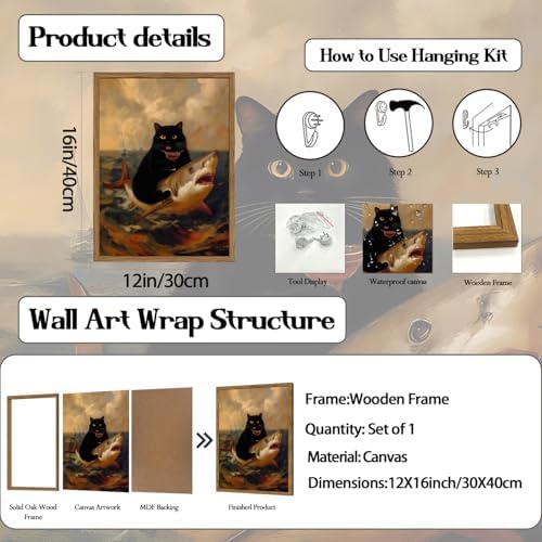 Funny Black Cat Riding Shark Wall Art Whimsical Bar Cart Wall Decor Picture - Image 3