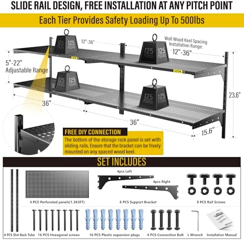 Aecxm 2-Pack 2 Tier 1.3x3ft Garage Shelving Wall Mounted, 500lbs Load - Image 2