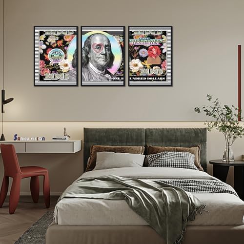 Black Framed Wall Art Canvas Money 100 Dollar Flowers Painting 3 Panels - Image 4
