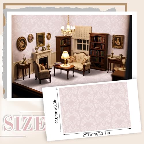 Flutesan 12 Pcs Miniature Dollhouse Wallpaper, Vintage Pink - Image 2
