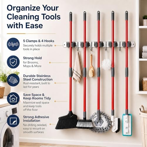 voze 5 Racks and 4 Hooks Mop and Broom Holder Wall Mount, Self Adhesive Heavy - Image 2