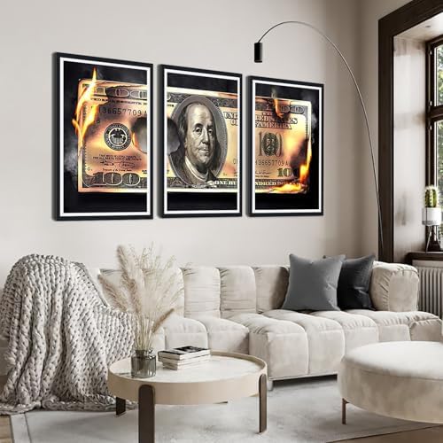 Modern Money Benjamin Franklin Canvas Wall Art Black Framed Painting 3 Panels - Image 2