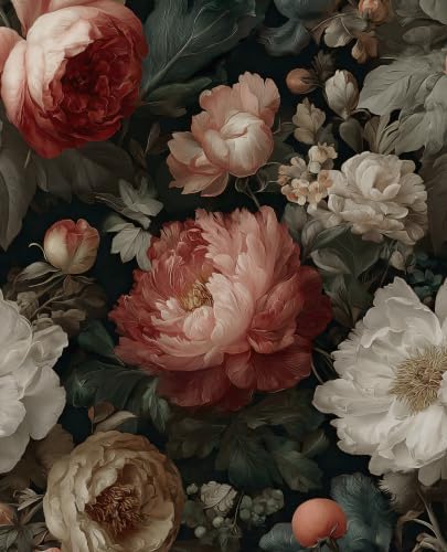 BOKEBEVE Dark Floral Wallpaper Peel and Stick Retro Black 17.5 x 118In by BOKEBEVE