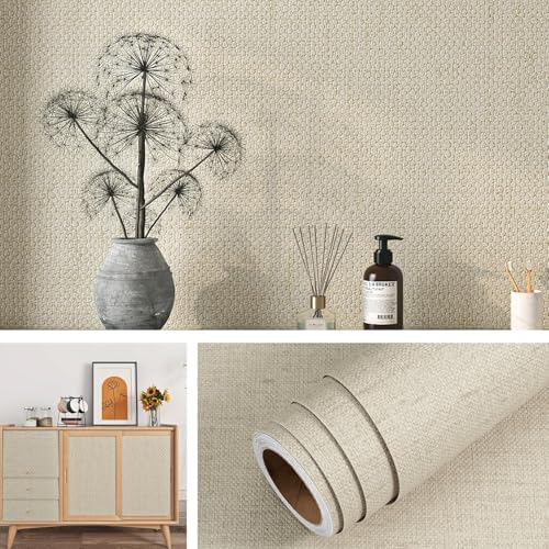 Livelynine 15.8x197 Beige Texture Peel and Stick Wallpaper Farmhouse Fabric by Livelynine
