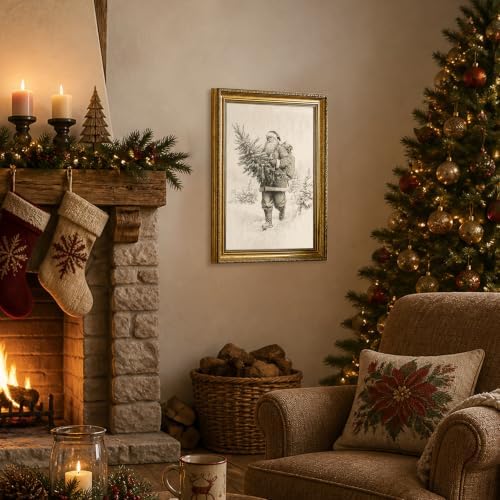 AVECCO Santa Claus Carrying Christmas Tree Framed Canvas Wall Art 16x24 In - Image 4
