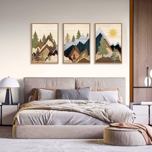 Ausri Boho Mountain Pine Tree Framed Canvas Wall Art Set -24"x36"x3 - Image 4