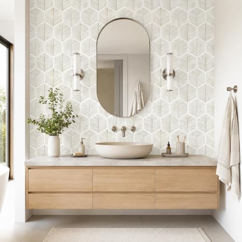 MelunMer Geometric Peel and Stick Wallpaper Boho Beige White 17.3''×591'' - Image 2