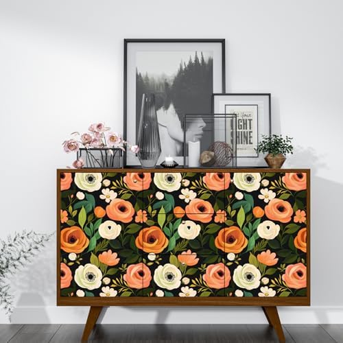 Danodoi Orange Green Vintage Floral Peel and Stick Wallpaper 17.5" x 118" - Image 2