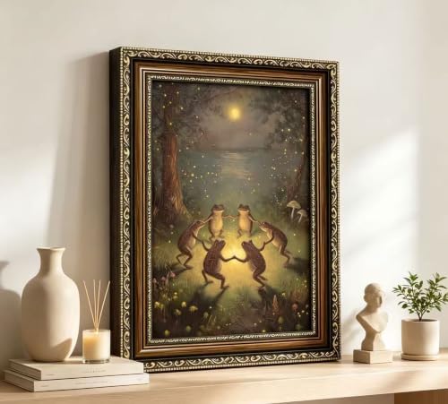 Vintage Gold Framed Frog Wall Art, Frogs Dancing in Moonlight Canvas Print - Image 5