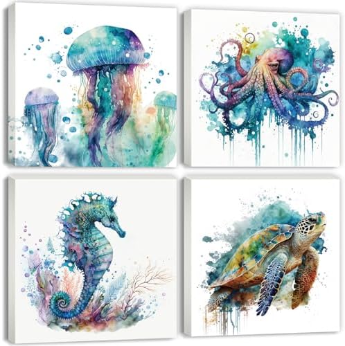 Sea Turtle Bathroom Decor Ocean Animals Canvas Prints Teal Octopus Wall Art by YOOOAHU